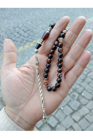 Orjınal Akık Taşi Tesbıh Gümüş Tasarımlı Püskullu Kutulu Ürün