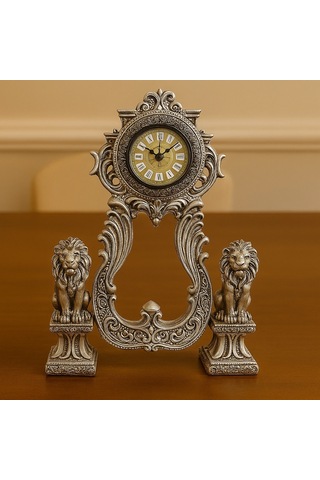 Aslan Figürlü Dekoratif Masa Saati Kraliyet Tarzı 40x28 Gümüş