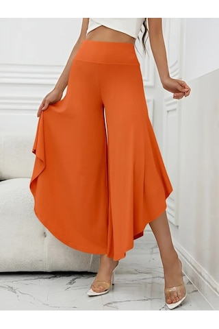 Kadın Yüksek Belli Geniş Paçalı Yanlardan Açık Sandy Pantolon Turuncu