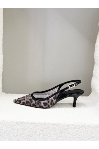 25y3908 Arkası Açık Yanı Kare Taşlı Tokalı Tül Leopar 6cm İnce Topuklu Stiletto Ayakkabı Kadın