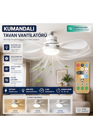 Kumandalı Tavan Vantilatörü E27 Duy Uyumlu Led Aydınlatmalı 40w 3 Renk Işık Sessiz Fan Zaman Ayarlı