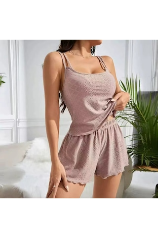 Ece's Design Askılı Yazlık Rahat Spor Şortlu Pijama Takımı Nefes Alabilir Konforlu Set W2002 Açık Pembe