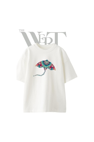 Thewert Mandalali Manta Ucurtma Tasarım Baskılı Ünisex Beyaz Oversize T-shirt