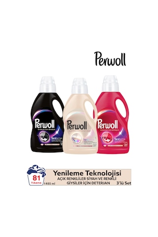 Perwoll Hassas Bakım Siyah + Renkli + Beyaz Renkliler için Sıvı Çamaşır Deterjanı 3 x 1485 ML