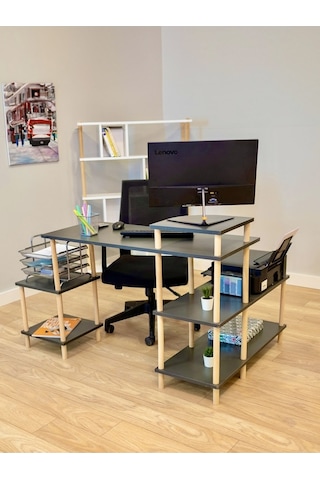 Çalışma Masası 5 Raflı Ahşap Ayaklı Dekoratif Modern Bilgisayar Ofis Masası - Antrasit - Köşe