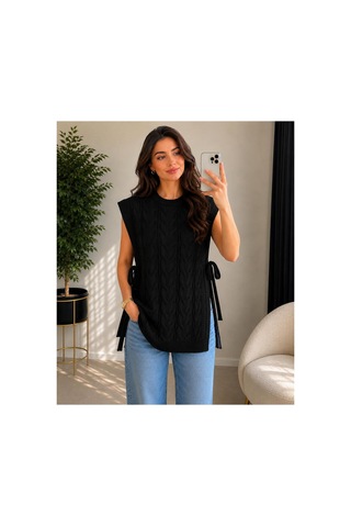 Hira Life Fashion Kadın Bisiklet Yaka Yanları Açık Bağcıklı Oversize Triko Süveter Siyah Siyah