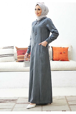 Neways 6463-Kapşonlu Denim Ferace Gri