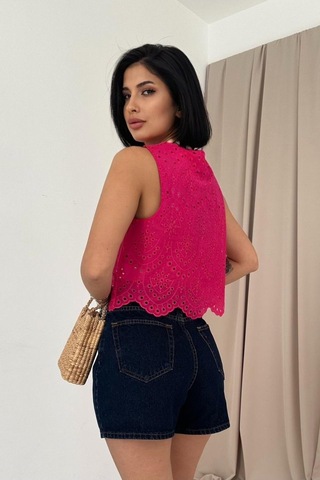 Reka Moda Fuşya Sıfır Kol Brode Bluz FUŞYA