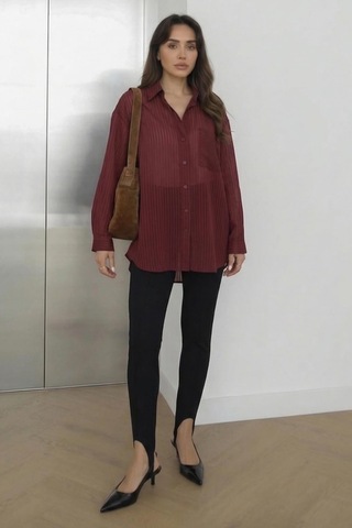 Lijuri Bordo Çizgili Transparan Oversize Gömlek 3515