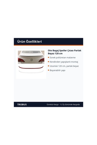 Trobus Oto Bagaj Spoiler Çıtası Parlak Beyaz 120 Cm