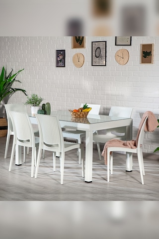 Rattan Camlı 6 Kişilik Bahçe Masa Takımı - Beyaz