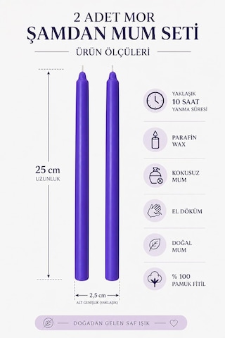 2'li Mor Şamdan Mum Seti 25 Cm Dekoratif İnce Şamdan Mum, Kokusuz Parafin Wax,%100 Pamuk Fitil, El Döküm, Uzun Diğer