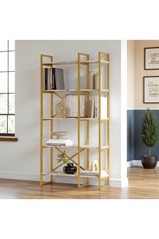 Robin Home Gold Metal Kitaplık 5 Raflı 2 Bölme 175cm Mermer Desen Mermer