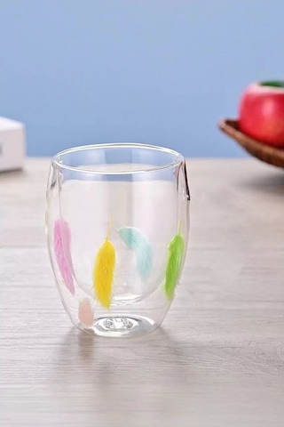 4'lü Çift Cidarlı Tüylü Kupa Bardak 350ml Ev Ofis Çay Kahve Sunum Bardağı El Yapımı Cam Bardak