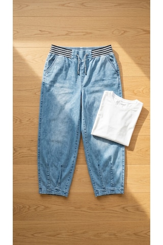 Zanessi Fashıon Büyük Beden Beli Lastikli Cepli Likralı Denim Mom Kesim Kadın Pantolon Beyaz