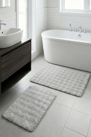2 Li Peluş Bubble Banyo Paspas Seti 60x100+50x60 Cm Kaymaz Lateks Taban, Yumuşak Yüzey, Yıkanabilir Gri
