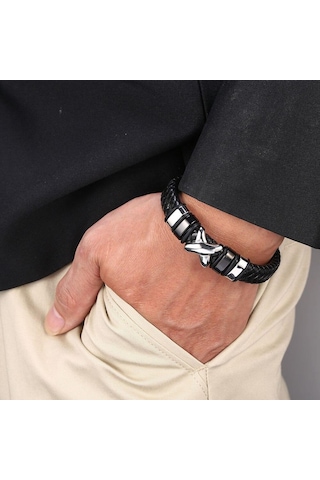 Trend Deri Bileklik Erkek Siyah Örgülü Bileklikler Erkek Takı Parti Hediyesi Paslanmaz Çelik Tokalı Bilezikler Siyah