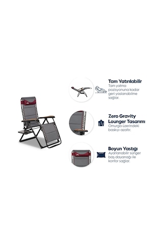 Aygaz Ekstra Geniş Alüminyum Şezlong Sandalye 120 Kg Kapasiteli, Konforlu Ve Şık Zero Gravity Lounger Tasarımı, Boyun Yastığı, Katlanabilir Yan Sehpa, Ayak Uzatma Desteği Koyu Gri