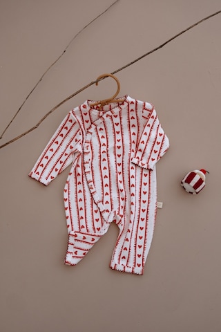 Oh La La Koala Kalp Desenli Dantel Detaylı Kruvaze Tulum Kırmızı