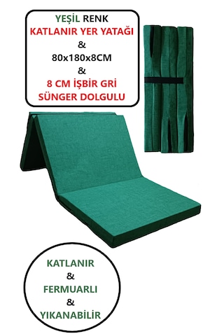 Katlanır Yer Yatağı Tek Kişilik Sünger Katlanır Yatak 80x180 Cm 8 Cm Gri Kalın Sünger Yeşil 80 x 180 x 8 CM