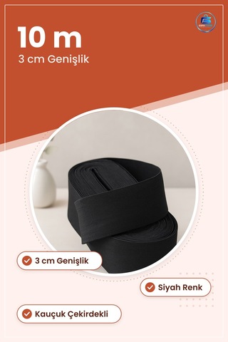 Paça Lastii Geniş Siyah 3 Cm 10 M Elastik Kauçuk Çekirdekli Polye