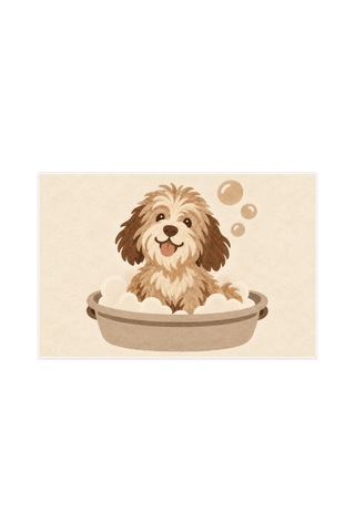 Kartela Halı Köpek Desenli Banyo Paspası Bej Kaymaz Taban Makinede Yıkanabilir 50x75 Cm