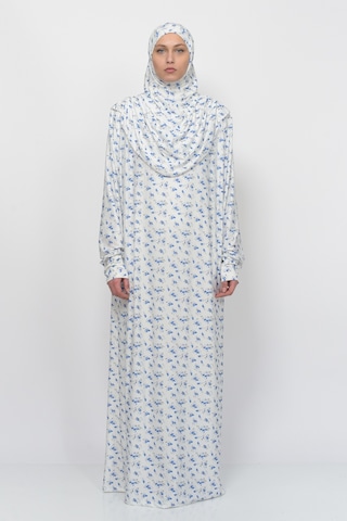 Pratik Tek Parça Çiçek Desenli Kollu Tak Çıkar Başörtülü Likralı Tesettür Namaz Elbisesi 990-0201 Mavi Antrasit