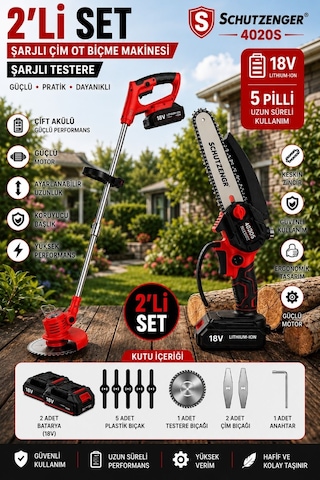 Schutzenger 4020S 2 Batarya 7 Aparatlı Şarjlı Dal Budama Zinçirli Testere Ve Şarjlı Çim Ot Piçme Tırpan Schutzenger 4020S 2 Batarya 7 Aparatlı Şarjlı Dal Budama Zinçirli Testere Ve Şarjlı Çim Ot Piçme Tırpan