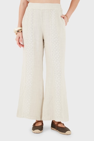 Via Dante % 100 Keten Relaxed Fit Brode İşlemeli Pantolon Bayan Pantolon 69912211 Taş