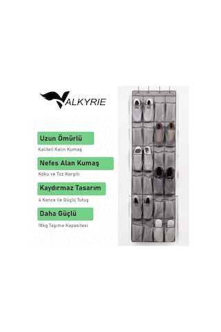 Valkyrie Kapı Arkası Ayakkabı Organizer 24 Gözlü Askılı Dolap İçi Düzenleyici 4 Kancalı Gri Gri