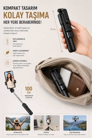 Concord 100 Cm Bluetooth Kumandalı Led Işıklı Selfie Çubuğu 3'ü 1 Arada Telefon Tripod Vlog Standı