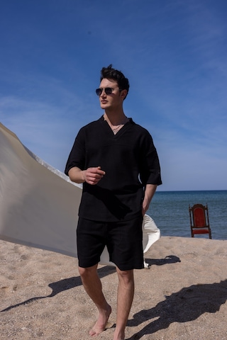 Siyah Renk V Yaka Gömlek Şort Erkek Yıkamalı Keten Takım-1741 Siyah