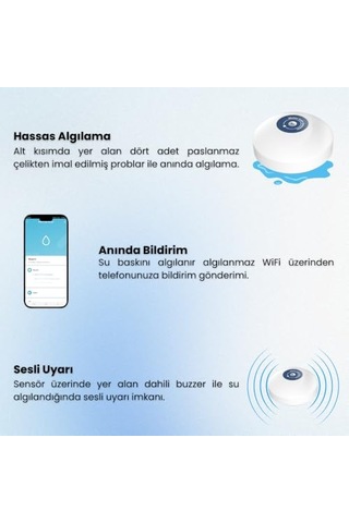 Wifi Su Baskını Sensörü - Dahili Alarmlı Tuya, Smart Life Uyumlu
