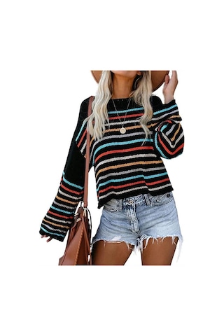 Kadın Uzun Kollu Günlük Düşük Omuz Örgü Kazak Renkli Çizgili Büyük Boy Kazak Üstler Siyah