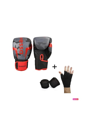 Avessa Ring Yüksek Kalite Profesyonel Boks Eldiveni +boks Bandajı Gri - Kırmızı
