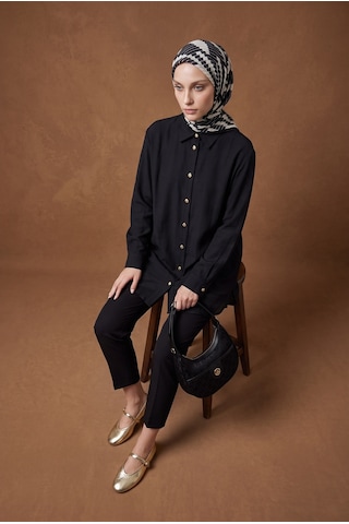 Armine Trend Gold Düğme Detaylı Klasik Yaka Uzun Tunik Rahat Kesim Şık Tesettür Tunik Modeli 89 Cm Boy Siyah 26yt471