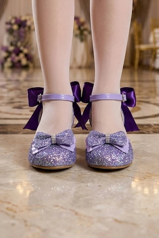 Nese Shoes Kız Çocuk Arkası Fiyonklu Topuklu Ayakkabı, Simli Fiyonklu Abiye Ayakkabı Mor Sade Mor-af