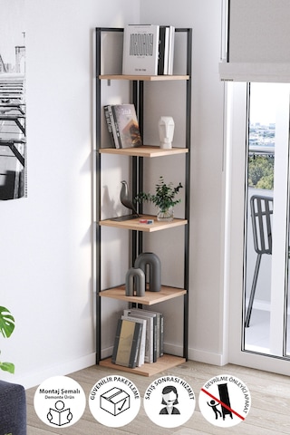 Bofigo 5 Raflı Metal Köşe Kitaplık Rafı Dekoratif Aksesuar Rafı Selanik 180 Cm Çam