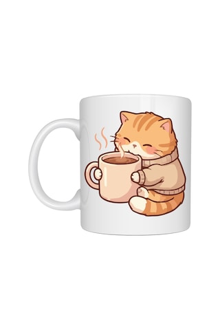 Hemengo Sevimli Kedi Tasarımlı Porselen Kupa Model 188 Kahve İçen Tatlı Kedi Figürlü Kahve Kupası Kedi S Diğer