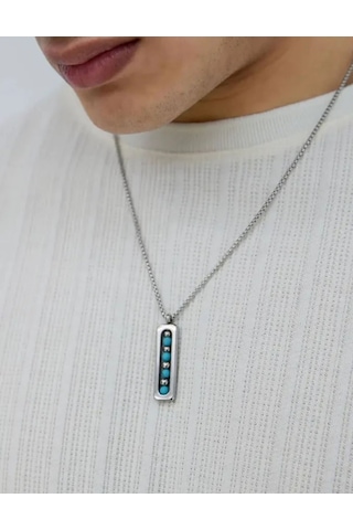 Erkek 316l Firuze Doğal Taşlı Turkuaz Çelik Kolye 9134 Gümüş