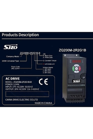 Sjzo Zq200m-2r2g1b 2.2kw Frekans İnvertörü Tek Faz Giriş Üç Faz Çıkış V/f Kontrol 3 Hp 11a