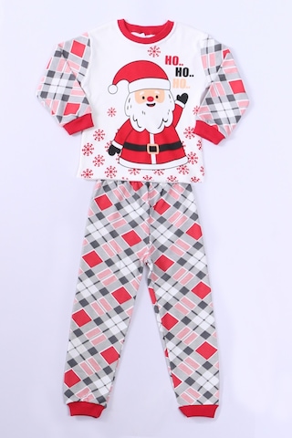 Çocuk Yılbaşı Pijama Takımı Noel Baba Baskılı Ribanalı D8 KREM Krem