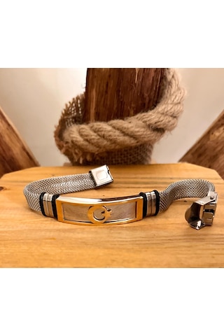 Türk Bayrağı Figürlü Hasır Hafif Kordon Çelik Erkek Bileklik 23cm