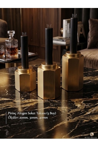 Atölye Asya 6 Köşe Som Pirinç Mumluk 20/30/40 Mm 24 Mm Genişlik Dekoratif Mumluk Gold