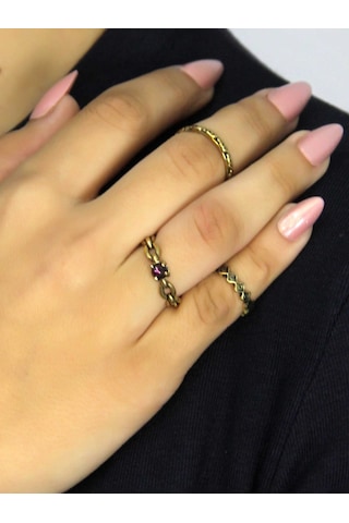 Doğal Taşlı 3'lü Garnet Lal Doğal Taşlı Zincir Modelli Kadın Ayarlanabilir Yüzük Seti Euy83 Kırmızı