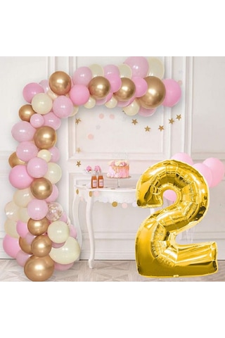 2 Yaş Krom Gold Pastel Pembe Ve Beyaz Balon Seti Gold Rakamlı Doğum Günü Balonu Şık Parti Süsleme Çok Renkli