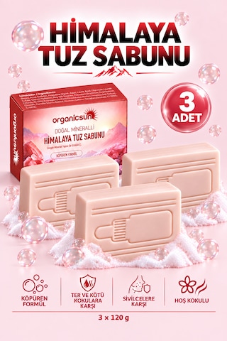 Organicsun Himalaya Tuz Sabunu 120 Gr X 3 Adet Köpüren Formül - Zengin Doğal Mineralli Pembe Himalaya Kaya Tuzu Sabunu
