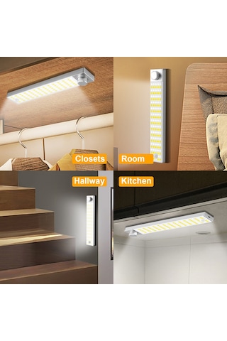 Dianziye Usb Şarjlı Led Dolap Lambası - 3 Renk Ayarlanabilir, Döner Anahtar, 64 Sarı+64 Beyaz Işık, Alüminyum Substrat Beyaz