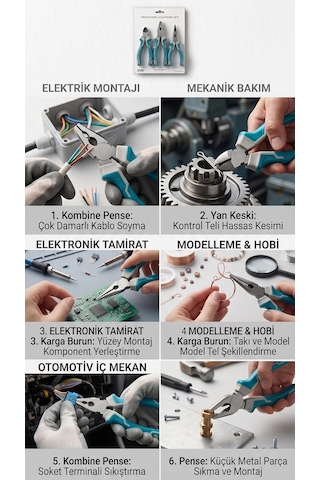 Ergonomik İzole Saplı 3'lü Pense Takımı - Pense 175 Mm/yan Keski 160 Mm/kargaburun 160 Mm
