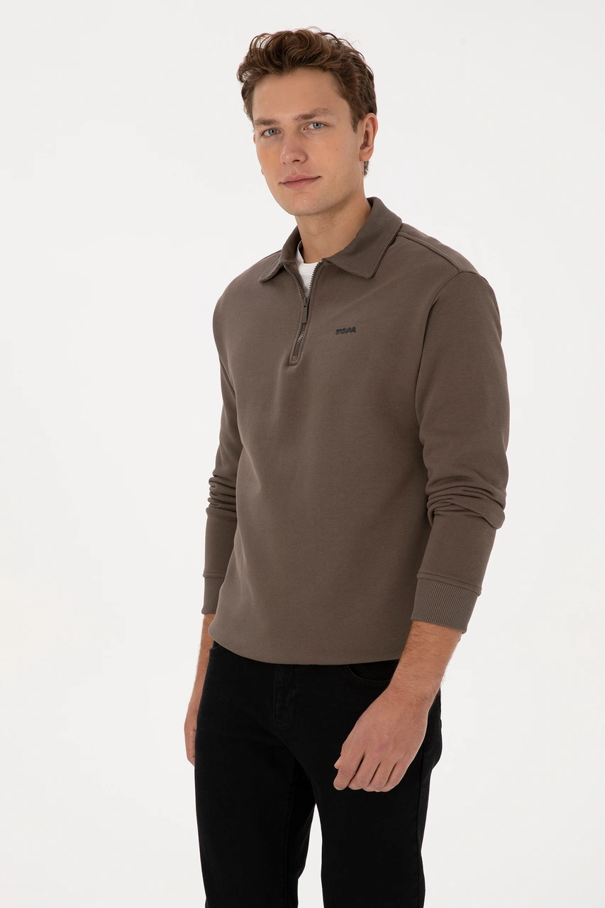 U.S. Polo Assn. Erkek Regular Fit Yarım Fermuarlı Vizon Basic Sweatshirt 50313783-VR052
